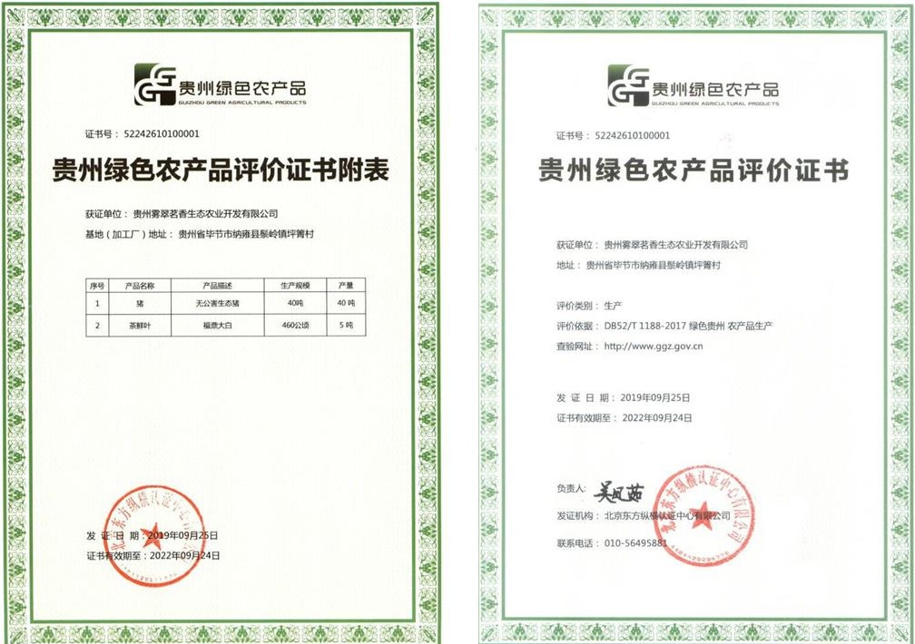 Green agricultural product evaluation certificate 